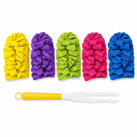 Microfiber Duster Kit with 5 Washable Replacement Heads, Reusable Hand Duster for Blinds Furniture Car Electronics