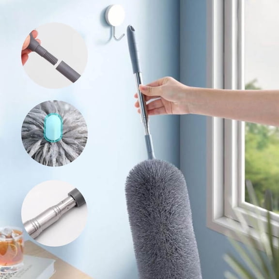 Microfiber Duster with bendable head & extendable stainless steel rod, for high ceiling & gap cleaning, 2.8m (9.2ft)