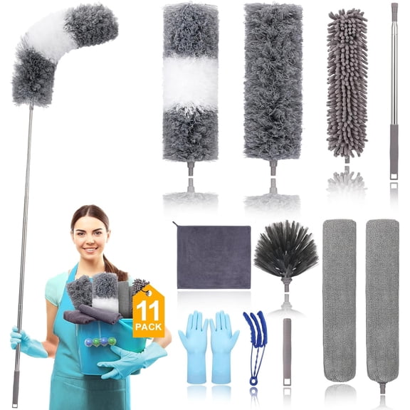 Microfiber Extendable Feather Duster (11pcs) with 100" Extension Pole, Washable Reusable Bendable Dusters for Cleaning Ceiling Fan, High Ceiling, TV, Blinds, Cars