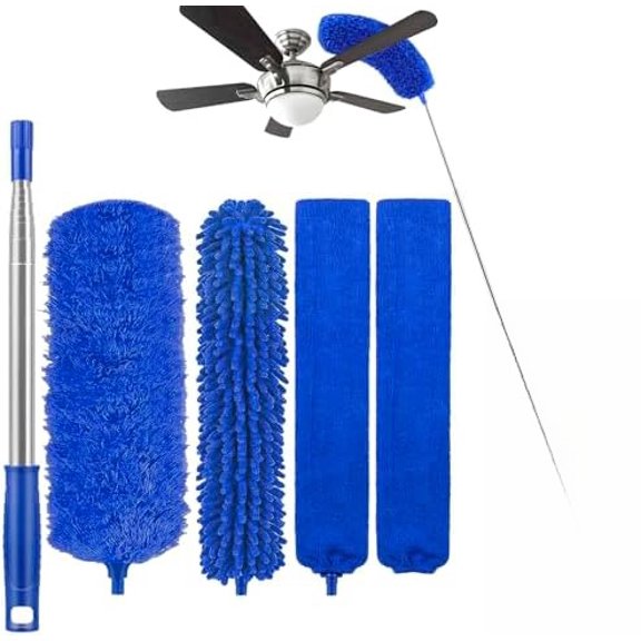 Microfiber Feather Duster 5-in-1 Kit for Dusting and Cleaning – 30–100" Extension Pole, Anti-Slip Grip, Bendable Washable Heads for Ceiling Fan, Furniture, Car (Blue)
