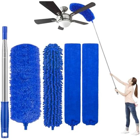 Microfiber Feather Duster 5-in-1 Kit for Dusting and Cleaning – 30–100" Extension Pole, Anti-Slip Grip, Bendable Washable Heads for Ceiling Fan, Furniture, Car (Blue)