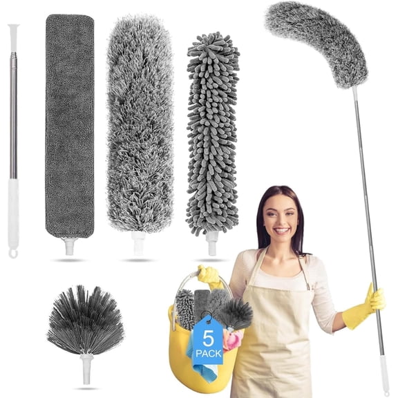 Microfiber Feather Duster 5-in-1 Set, Cleaning Duster with Telescopic Rod 100 Inches, Cobweb Duster, Microfiber Duster for High Ceilings and Fans, Blinds, Cars, and Furniture