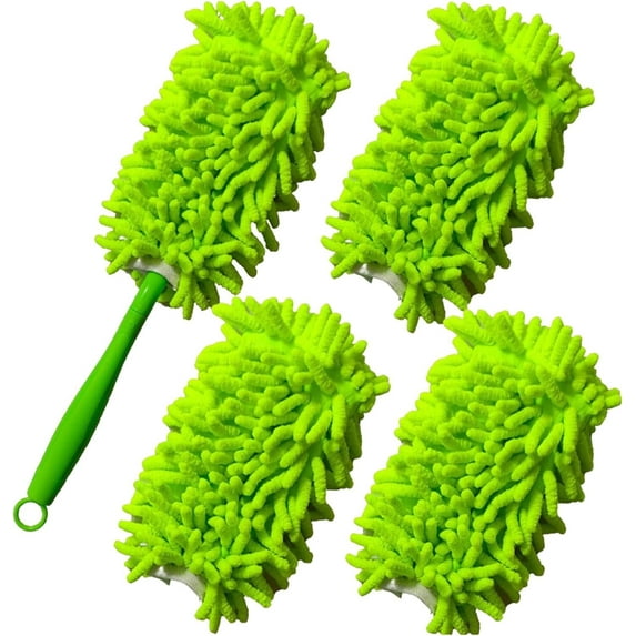Microfiber Feather Duster, Hand Washable Dusters with 4 Pcs Replaceable Microfiber Head, Foldable Detachable Dust Duster, Perfect for Cleaning Windows, Tables, Cars,Furniture, Fans Green