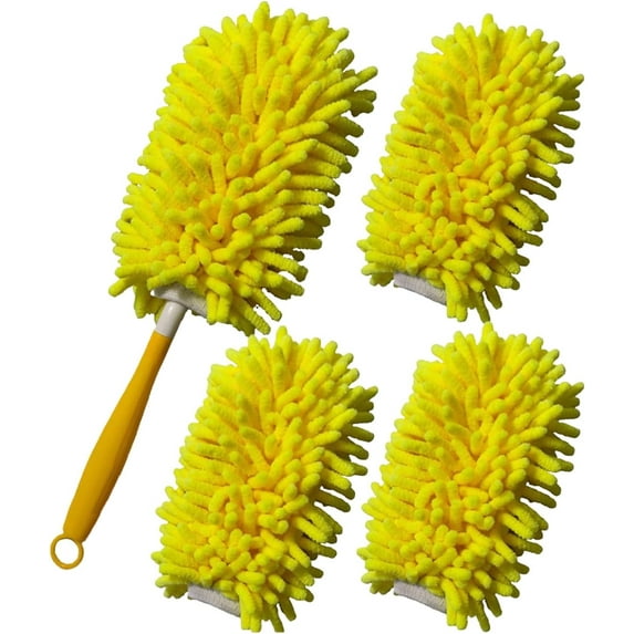 Microfiber Feather Duster, Hand Washable Dusters with 4 Pcs Replaceable Microfiber Head, Foldable Detachable Dust Duster, Perfect for Cleaning Windows, Tables, Cars,Furniture, Fans Yellow