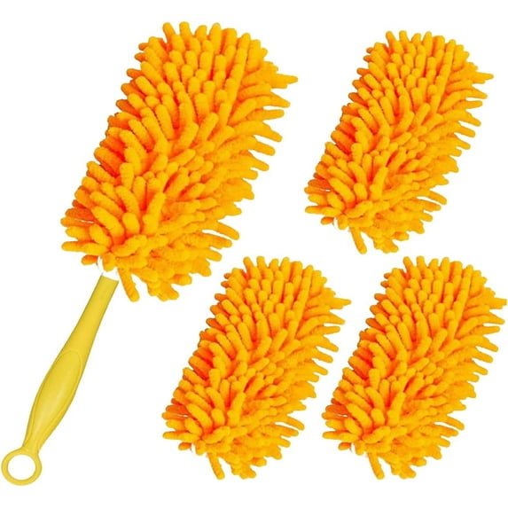 Microfiber Feather Duster, Hand Washable Dusters with 4 Pcs Replaceable Microfiber Head, Foldable Detachable Dust Duster, Perfect for Cleaning Windows, Tables, Cars,Furniture, Fans Saffron