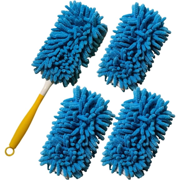 Microfiber Feather Duster, Hand Washable Dusters with 4 Pcs Replaceable Microfiber Head, Foldable Detachable Dust Duster, Perfect for Cleaning Windows, Tables, Cars,Furniture, Fans Blue