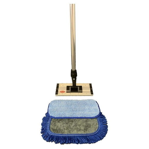 Microfiber Flat Mop Kit - 1 72" Aluminum Extension Handle, 1 10" Aluminum Frame 1 12" Standard Looped Pile Pad, 1 12" Dust Mop Pad with Fringe Yarn