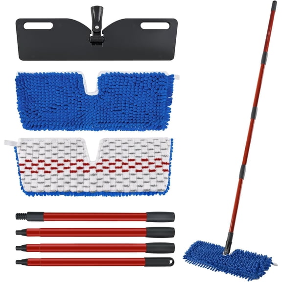 Microfiber Flat Mop Set, Wet & Dry Use, 58" Adjustable Handle, 2 Washable Pads & Base