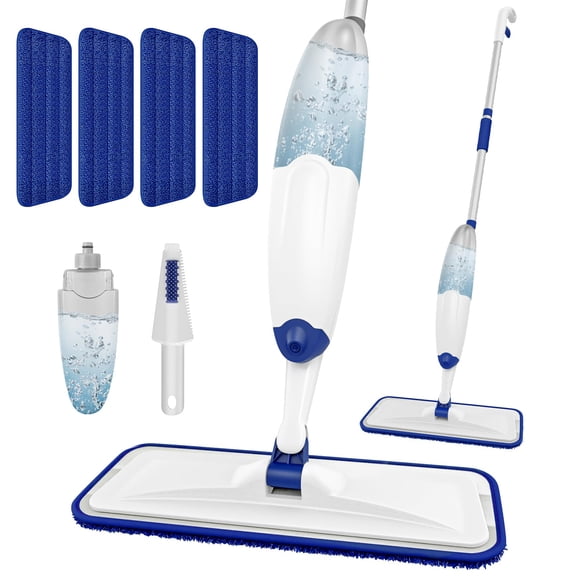 Microfiber Flat Mop White Blue With Spray Bottle and Washable Pads for Multi-Surface Floor Cleaning