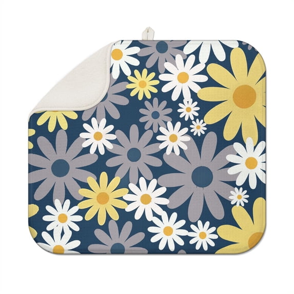 Microfiber Floral Dish Drying Mat with Daisy Design for Kitchen Counter Foldable Drainer Pad Spring Summer Decor 16x18 Inch