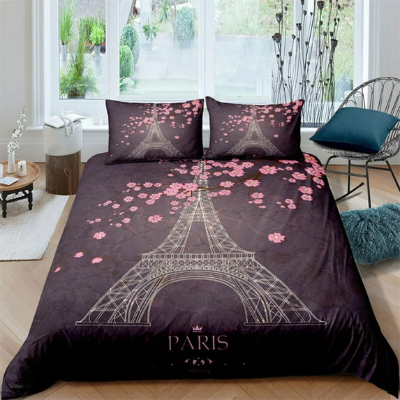Microfiber Floral Duvet Cover tic Eiffel Tower Paris Cityscape for Teen Women for Bedroom Decoratio