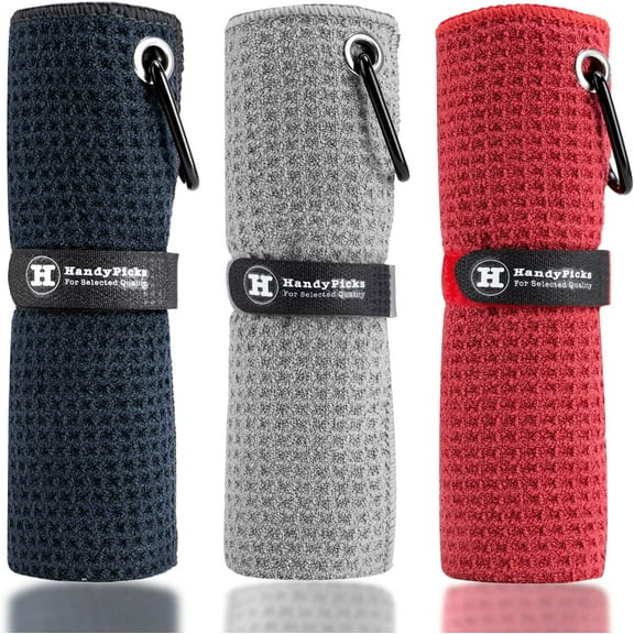 Microfiber Golf Towels, Waffle Pattern with Metal Carabiner and Hook and Loop Strap for Easy Storage, Pack of 3, Black/Gray/Red