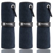 Microfiber Golf Towels, Waffle Pattern with Metal Carabiner and Hook and Loop Strap for Easy Storage, Pack of 3, Black