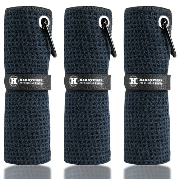 Microfiber Golf Towels, Waffle Pattern with Metal Carabiner and Hook and Loop Strap for Easy Storage, Pack of 3, Black