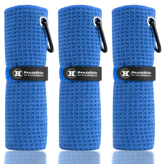 Microfiber Golf Towels, Waffle Pattern with Metal Carabiner and Hook and Loop Strap for Easy Storage, Pack of 3, Blue