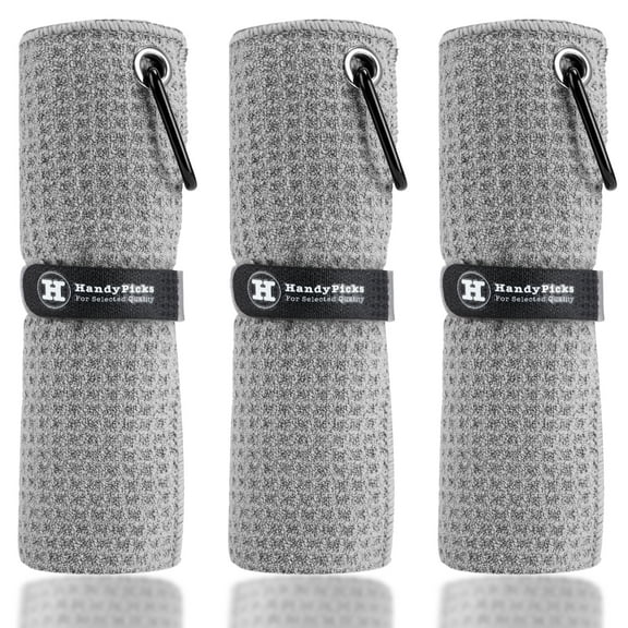 Microfiber Golf Towels, Waffle Pattern with Metal Carabiner and Hook and Loop Strap for Easy Storage, Pack of 3, Gray