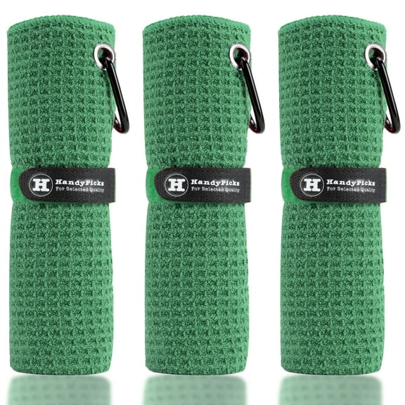 Microfiber Golf Towels, Waffle Pattern with Metal Carabiner and Hook and Loop Strap for Easy Storage, Pack of 3, Green