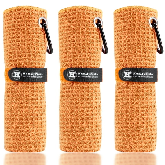 Microfiber Golf Towels, Waffle Pattern with Metal Carabiner and Hook and Loop Strap for Easy Storage, Pack of 3, Orange