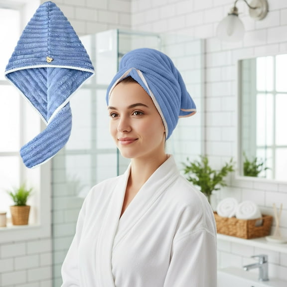 Microfiber Hair Drying Towel with Button Long Hair Head Wraps Twist Plopping Curly Shower Turban Terry Cloth Fast Absorbent Dry Anti Frizz Hair Wraps for Women Wet Hair(Blue)