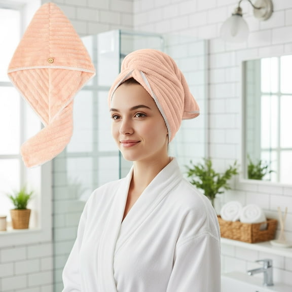 Microfiber Hair Drying Towel Wrap | Super Absorbent Coral Fleece, Button Secure, Quick-Dry for Thick & Curly Hair | 60x25cm, Lightweight, White/Gray/Pink/Blue, 1 Pack