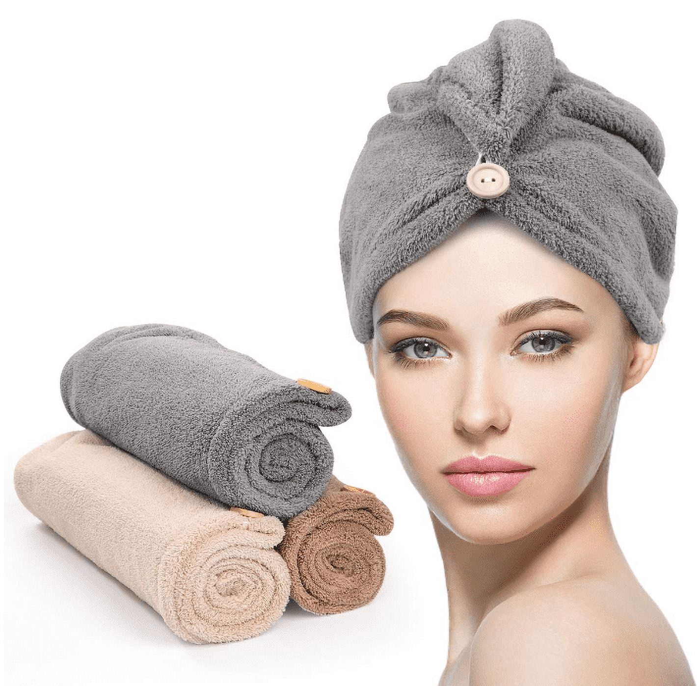 Microfiber Hair Towel 3 Pack with Button, Super Absorbent Hair Towel Wrap for Curly Hair, Fast Drying Hair Wraps