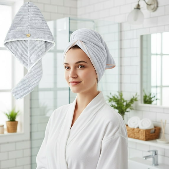 Microfiber Hair Towel Wrap 1PC 23.62x9.84in,Super Absorbent Drying Cap With Button Closure For Curly Hair & Fast Drying(Gray)