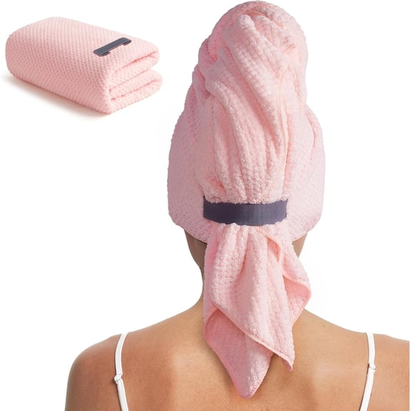 Microfiber Hair Towel Wrap for Women, Quick Dry Hair Turban Towel with Elastic Band, Microfiber Plopping Towel for Curly Hair, Stocking Stuffers for Women (Pink)