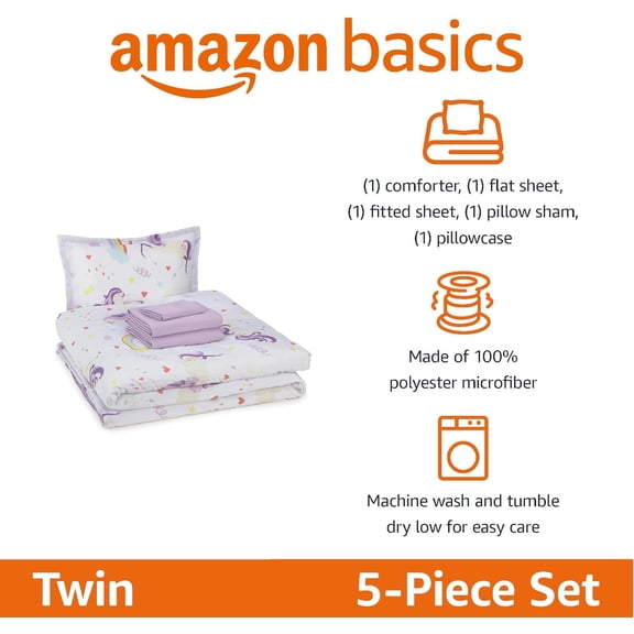 Microfiber Kid's Bed-in-a-Bag 5 Piece Comforter Bedding Set, Twin, Unicorn Print