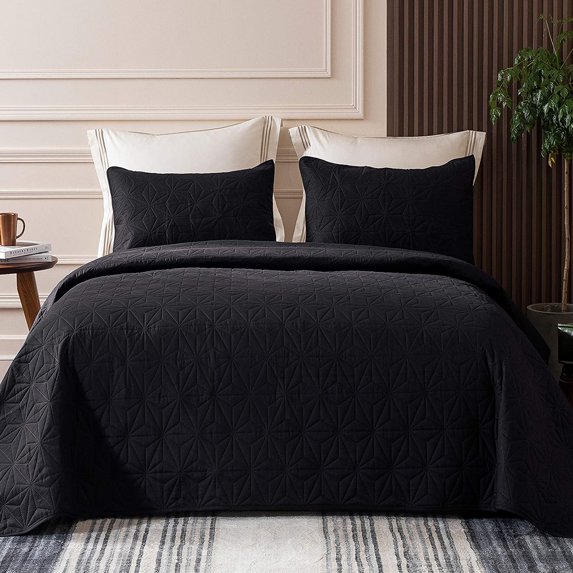 Microfiber King Size (92x104 inches) Quilt Set Lightweight Quilted Bedspreads Coverlets Set with Stars Pattern, Black, 3 Piece (1 Quilt, 2 Shams)