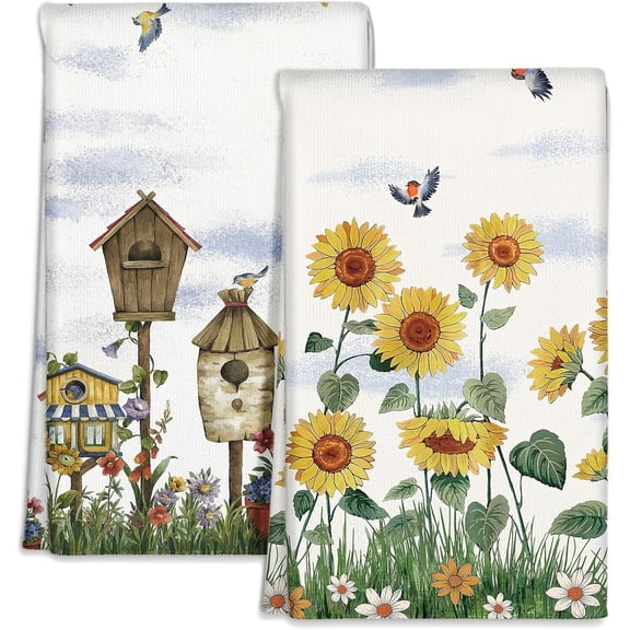 Microfiber Kitchen Towels - Set of 2 Dish Towels for Kitchen 18 x 26 Inch Home Decoration Cat Flower Cute Spring Hand Towels Soft & Absorbent Aesthetic Design