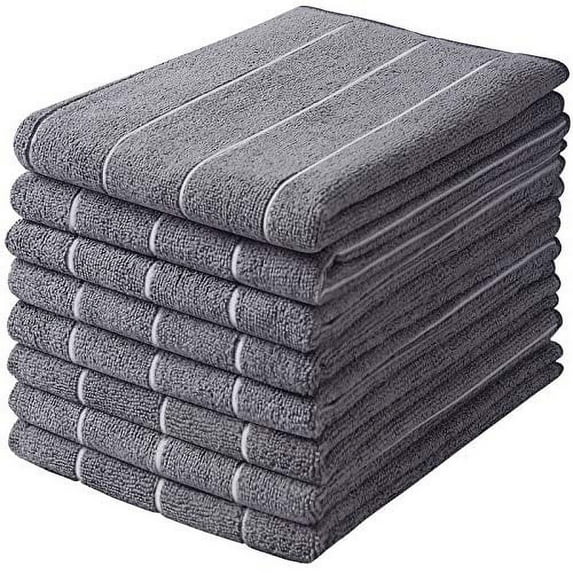 Microfiber Kitchen Towels - Super Absorbent, Soft and Thick Dish Towels, 8 Pack (Stripe Designed Grey Colors), 26 x 18 Inch (Grey)