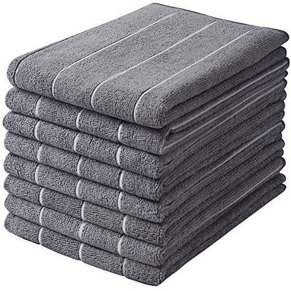 Microfiber Kitchen Towels - Super Absorbent, Soft and Thick Dish Towels, 8 Pack (Stripe Designed Grey Colors), 26 x 18 Inch (Grey)