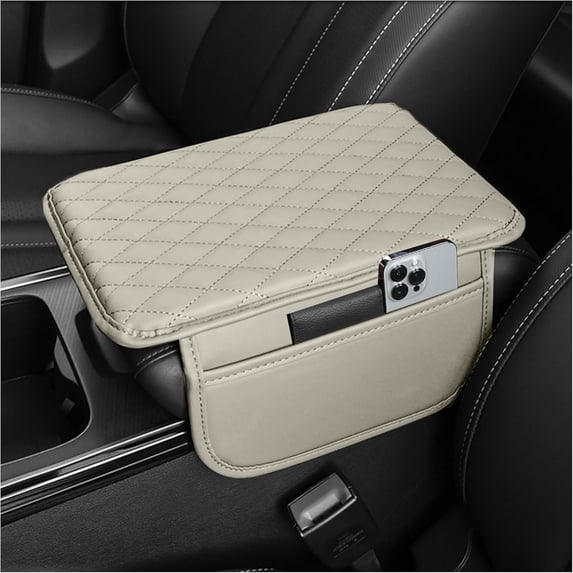 Microfiber Leather Car Armrest Cover Cushion Upgraded Car Center Console Cover with 2 Storage Bags Universal Cars Interior Accessories Cars Armrest Storage Box for Most Vehicles, Light Beige