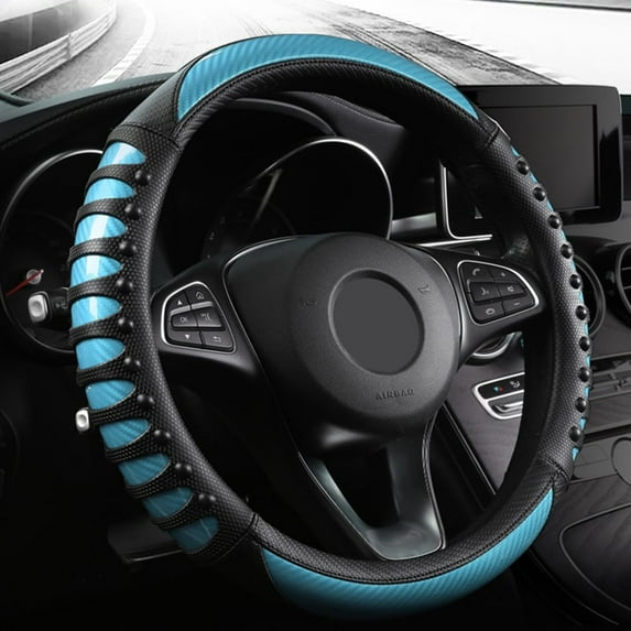 Microfiber Leather and Carbon Fiber Steering Wheel Cover, 3D Auto Steering Wheel Covers Accessories for Men Women, 14 1/2 Inch to 15 Inch, Black Sky Blue, O-Type