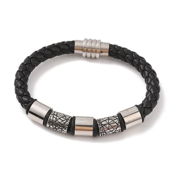 Microfiber Leather Cord Bracelets 304 Stainless Steel Column Bracelets for Men Stainless Steel color 8-5/8 inch(22cm).