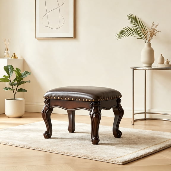 Microfiber Leather Foot Stool Ottoman Small Sofa Stool, Wooden Shoe Stool, Black-Brown for Living Room, Bedroom