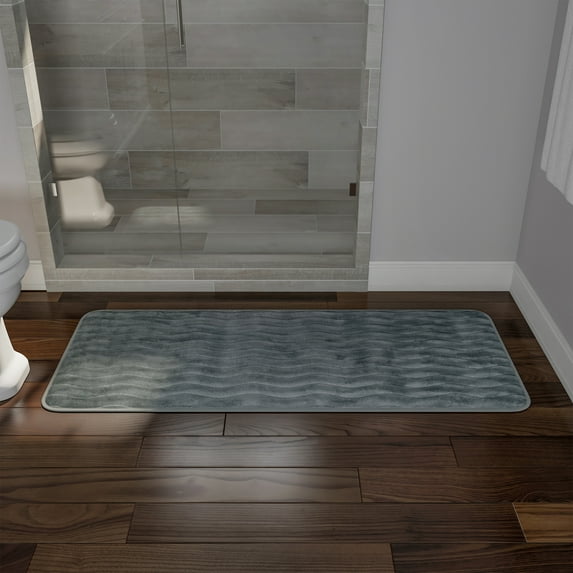 Microfiber Memory Foam Bathmat – Oversized Padded Nonslip Accent Rug for Bathroom, Kitchen, Laundry Room, Wave Pattern by Somerset Home (Platinum)
