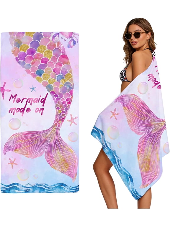 Microfiber Mermaid Beach Towel Oversized 58 x29 Inch, Sand Free Quick Dry Lightweight,Beach Pool Camping Cruise Travel Essentials for Adults Kids