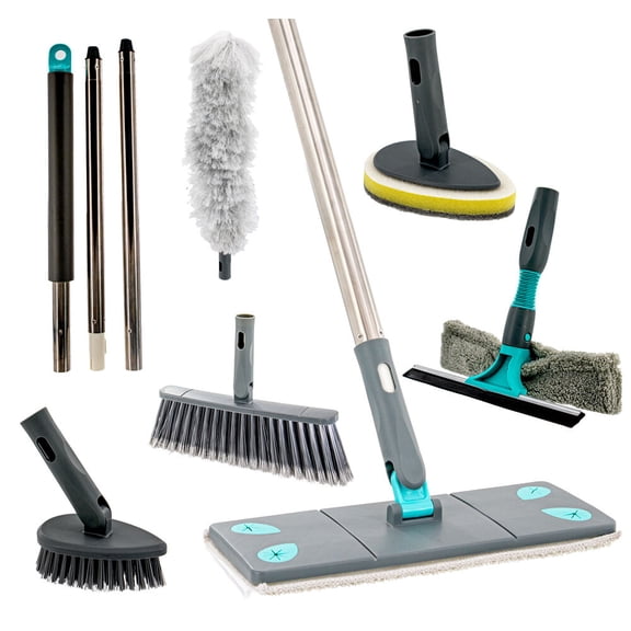 Microfiber Mop, Broom, Bendable Duster, 2 in 1 Squeegee & Dryer, Tile Scrubber, & Scrub Brush Sponge - 7 in 1 - Ultimate Home Cleaning Kit W/ Extension Pole