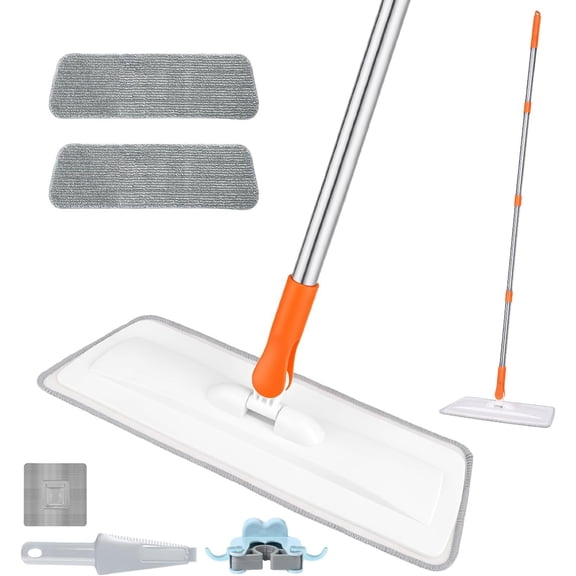 Microfiber Mop for Cleaning Floors,55 Inch Extendable Flat Mop with 2 Washable Pads, Wet Dry and Dust Mops for Bathroom Kitchen, Floor,Ceramic Tiles(Orange+White)