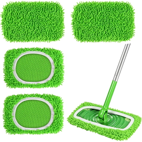 Microfiber Mop Pads, Washable Chenille Mop Cloths Compatible with Sweeper, Dry Wet Sweeping Mopping Pads, 4 Pack (Green)