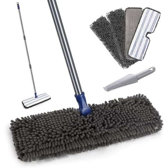 Microfiber Mops for Floor Cleaning, Dust Mop with 4 Washable Pads, 2-SidedMicrofiber Flip Mop for Wet & Dry Use, Flat Floor Mops for Hardwood, Laminate, Vinyl,Kitchen, Tile -1 Scraper