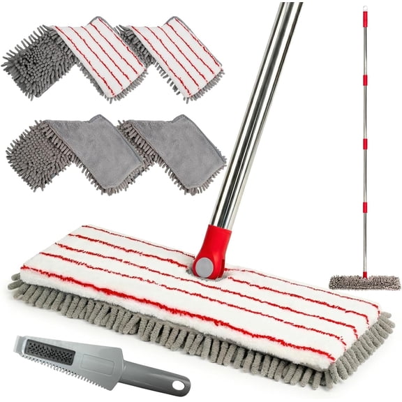 Microfiber Mops for Floor Cleaning, Flat Dust Mop with 4 Washable Pads, -Sided Flip Mop for Wet & Dry Use, Extendable 62'' Handle with Scraper, Floor Mops for Hardwood,Laminate,Vinyl,Kitchen,Tile