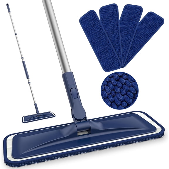 Microfiber Mops for Floor Cleaning - Flat Floor Mop with 4 Washable Chenille Pads Dry Dust for Hardwood Laminate Wood Tile Vinyl Wall Hard Surfaces - 150cm Adjustable Long Handle