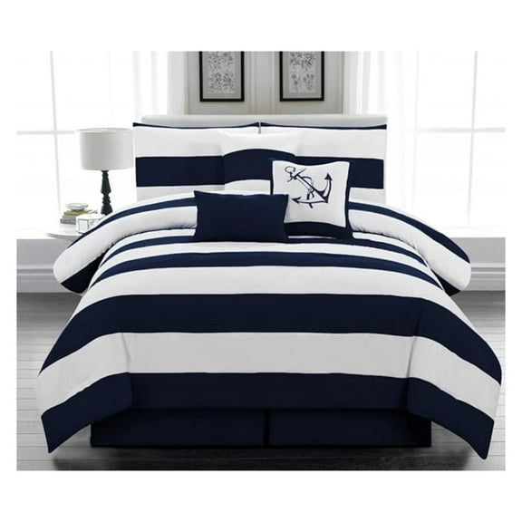 Microfiber Nautical Comforter Set - 7pc Navy Blue & White Striped Bedding - Full, Queen & King Sizes - Anchor Design - Soft & Cozy