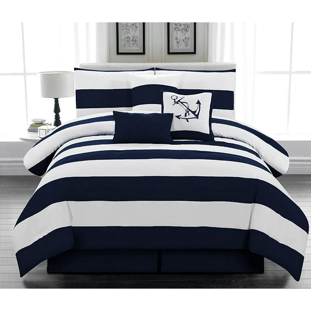 Microfiber Nautical Themed Comforter Set, Navy Blue White Striped Full