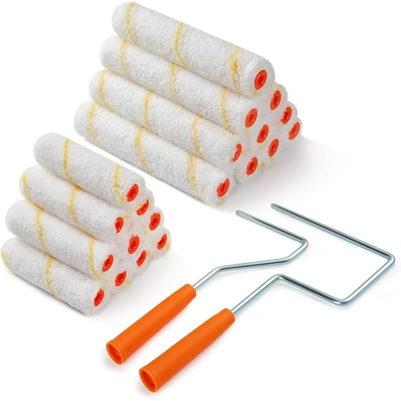 Microfiber Paint Roller, 4 Inch and 6 Inch, Small Paint Roller Covers (3/8-Inch Nap, 20 Pack), Mini Paint Rollers for House Painting with Paint Roller Frame, Wall Painting Tool