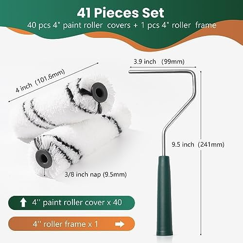 Microfiber Paint Roller 4 Inch, Small Paint Roller Covers (3/8-Inch Nap, 40 Pack), Mini Paint Rollers for House Painting with Paint Roller Frame, Wall Painting Tool
