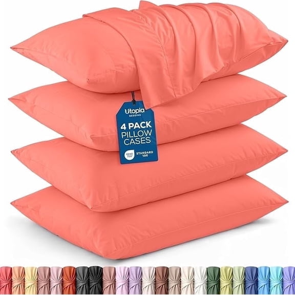 Microfiber Pillowcase Set of 4 | Soft Cooling Brushed Fabric, Envelope Closure, Hotel Luxury, Shrink and Fade Resistant, Queen, Coral | Utopia Bedding