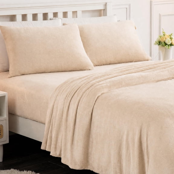 Microfiber Polar Fleece Sheet Set, Ultra Soft Warm Plush Velvet Bed Sheets, 15 Inch Deep Pocket 4‑Piece Bedding Set for Winter